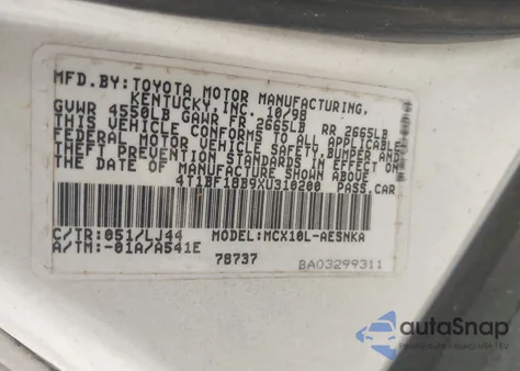 1999 Toyota Avalon Xl z USA, uszkodzony, nr VIN 4T1BF18B9XU310200